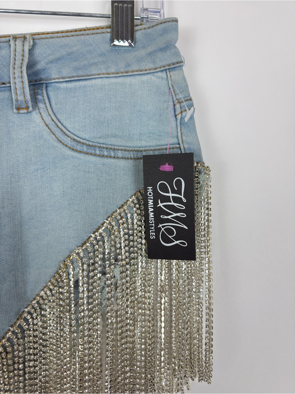 Azalea Wang Gonna Love Me Waterfall Rhinestone Denim Shorts Festival Boho Large - Picture 14 of 16